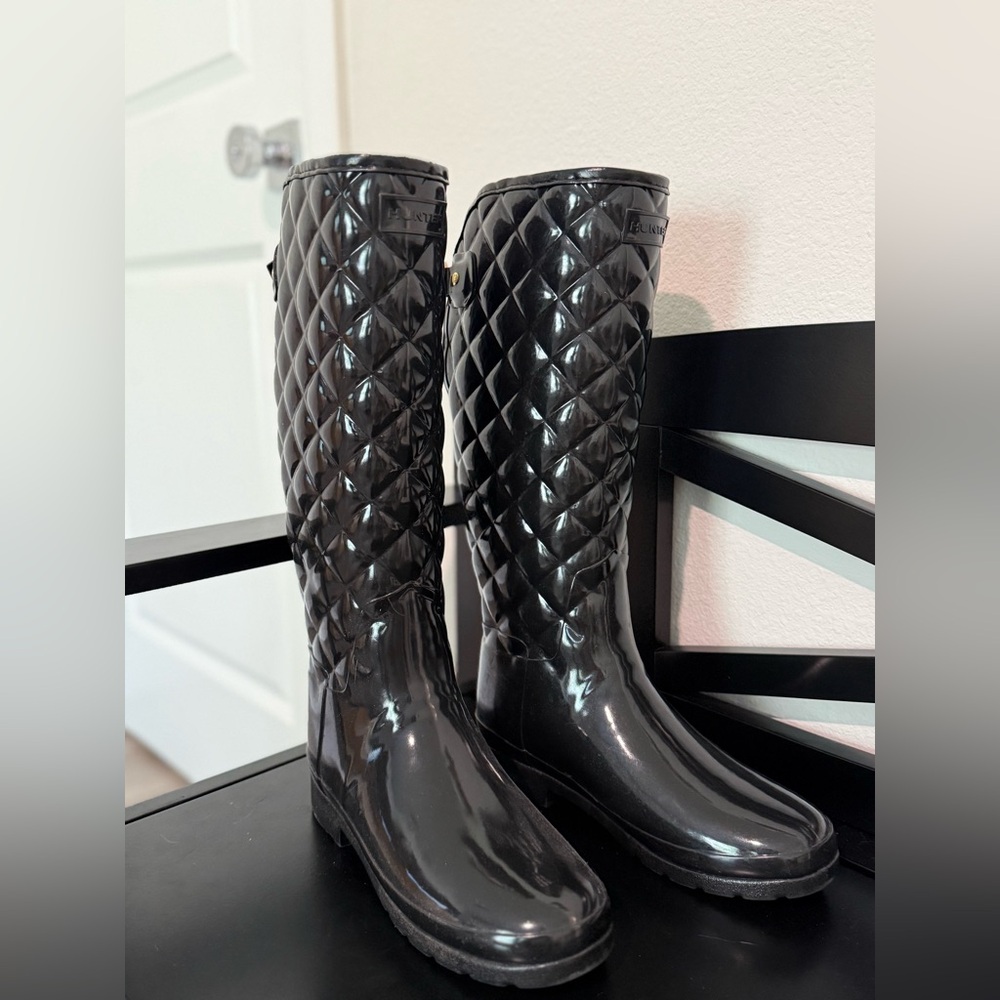 Hunter Quilted Gloss Tall Rain Boots - Black Size 7
